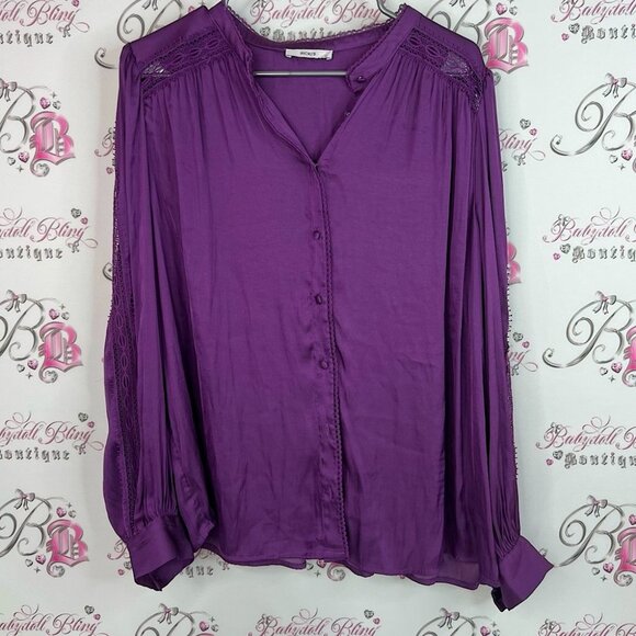 Ricki's long sleeve button up shiny Rich Purple Blouse with Lace Accents - Picture 1 of 12